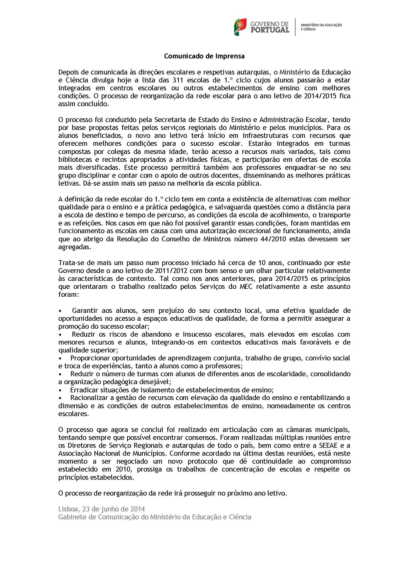 Comunicado de Imprensa