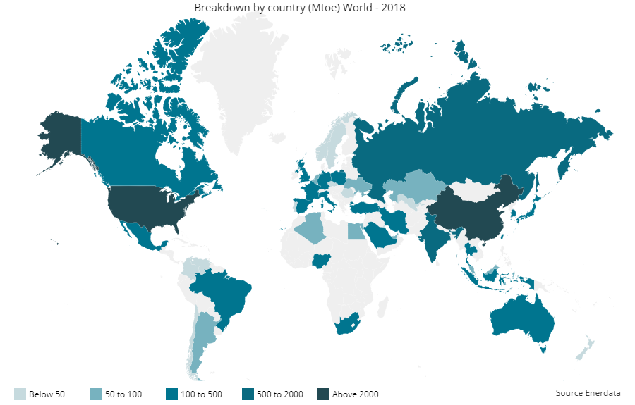 Consumo de energia por país em 2018.